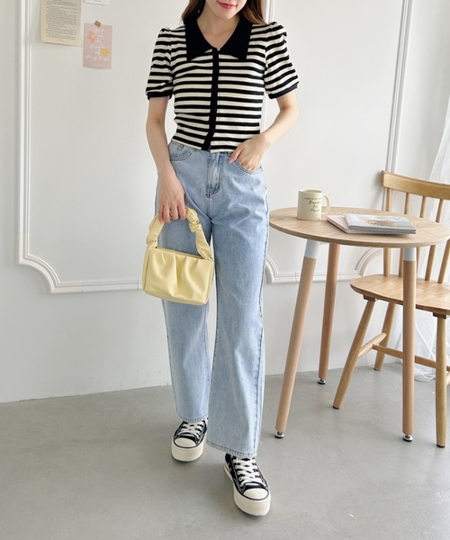 Loueme(ルエム)の「ワッフルボーダーパフスリーブ2WAYトップス(Tシャツ/カットソー・レディース・ブラック/ピンク/グリーン/レッド/ベージュ・FREE)」の10枚目の写真