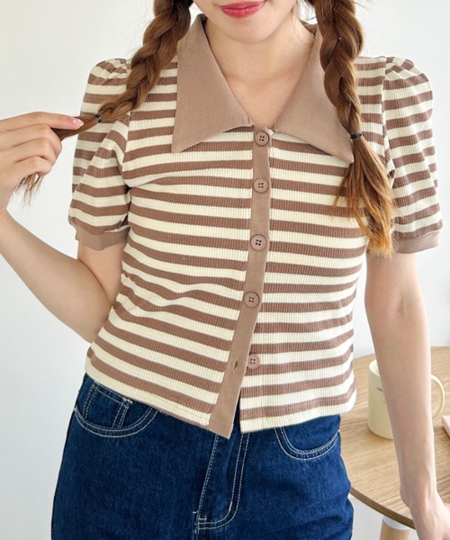 Loueme(ルエム)の「ワッフルボーダーパフスリーブ2WAYトップス(Tシャツ/カットソー・レディース・ブラック/ピンク/グリーン/レッド/ベージュ・FREE)」の11枚目の写真