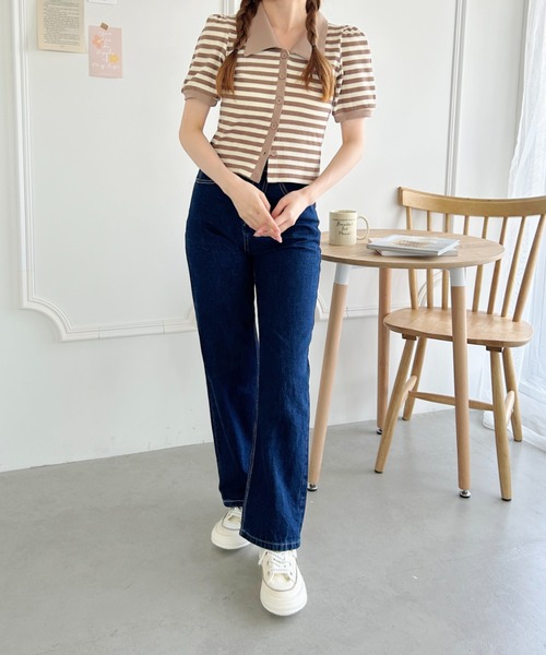 Loueme(ルエム)の「ワッフルボーダーパフスリーブ2WAYトップス(Tシャツ/カットソー・レディース・ブラック/ピンク/グリーン/レッド/ベージュ・FREE)」の14枚目の写真