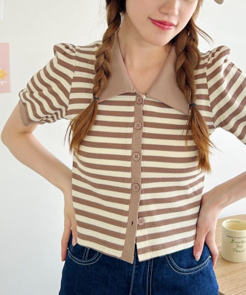 Loueme(ルエム)の「ワッフルボーダーパフスリーブ2WAYトップス(Tシャツ/カットソー・レディース・ブラック/ピンク/グリーン/レッド/ベージュ・FREE)」の12枚目の写真