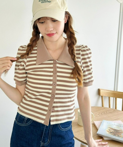 Loueme(ルエム)の「ワッフルボーダーパフスリーブ2WAYトップス(Tシャツ/カットソー・レディース・ブラック/ピンク/グリーン/レッド/ベージュ・FREE)」の13枚目の写真