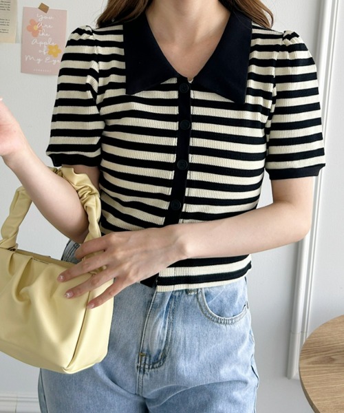 Loueme(ルエム)の「ワッフルボーダーパフスリーブ2WAYトップス(Tシャツ/カットソー・レディース・ブラック/ピンク/グリーン/レッド/ベージュ・FREE)」の7枚目の写真