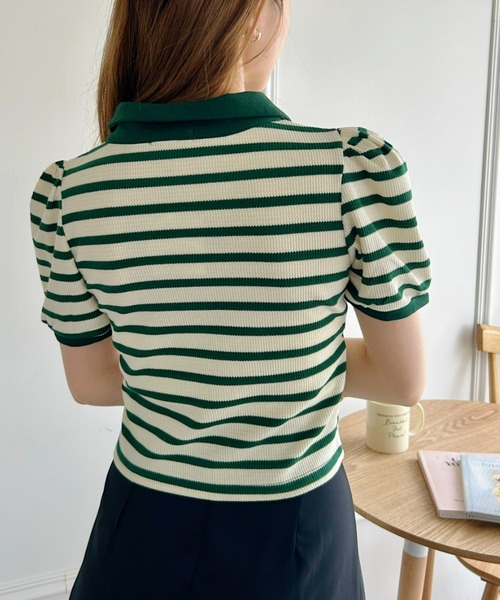 Loueme(ルエム)の「ワッフルボーダーパフスリーブ2WAYトップス(Tシャツ/カットソー・レディース・ブラック/ピンク/グリーン/レッド/ベージュ・FREE)」の19枚目の写真