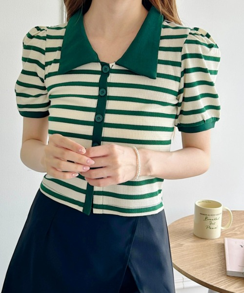 Loueme(ルエム)の「ワッフルボーダーパフスリーブ2WAYトップス(Tシャツ/カットソー・レディース・ブラック/ピンク/グリーン/レッド/ベージュ・FREE)」の17枚目の写真