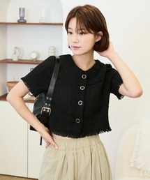 ノーカラータッセルツイードクロップドジャケット