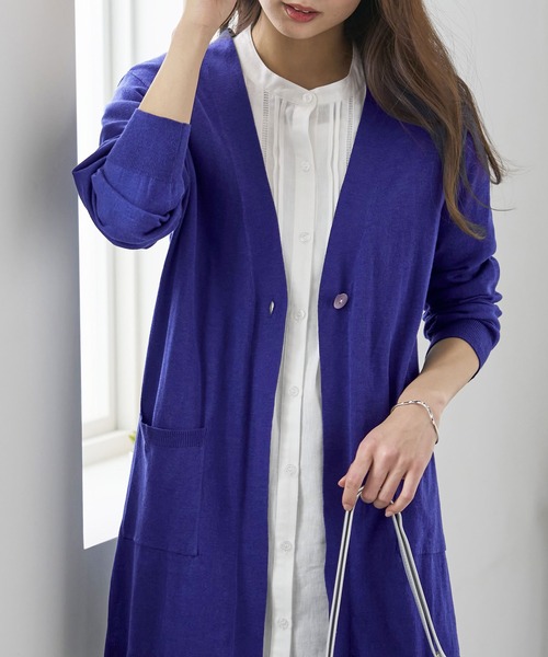 BELLUNA PLUS（ベルーナ）の「ヒンヤリ冷感！洗えるロング丈カーディガン（カーディガン/ボレロ・レディース・ネイビー/アイボリー/ロイヤルブルー/セージグリーン/イエロー/ラベンダー/ネイビー系/ピンクベージュ・MEDIUM/LARGE/X-LARGE/SMALL）」の6枚目の写真