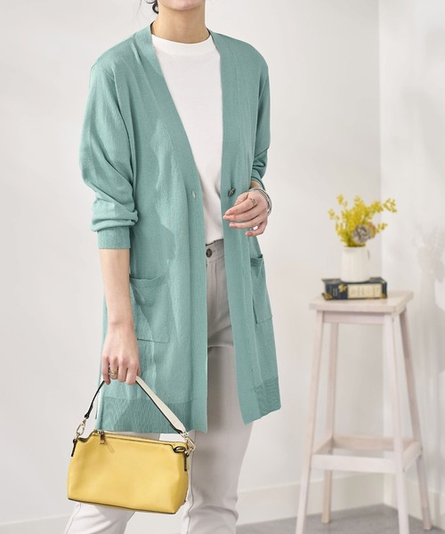 BELLUNA PLUS（ベルーナ）の「ヒンヤリ冷感！洗えるロング丈カーディガン（カーディガン/ボレロ・レディース・ネイビー/アイボリー/ロイヤルブルー/セージグリーン/イエロー/ラベンダー/ネイビー系/ピンクベージュ・MEDIUM/LARGE/X-LARGE/SMALL）」の3枚目の写真