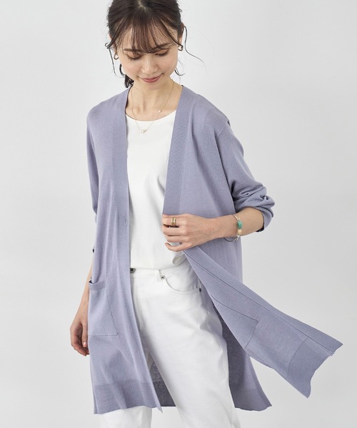 BELLUNA PLUS（ベルーナ）の「ヒンヤリ冷感！洗えるロング丈カーディガン（カーディガン/ボレロ・レディース・ネイビー/アイボリー/ロイヤルブルー/セージグリーン/イエロー/ラベンダー/ネイビー系/ピンクベージュ・MEDIUM/LARGE/X-LARGE/SMALL）」の22枚目の写真