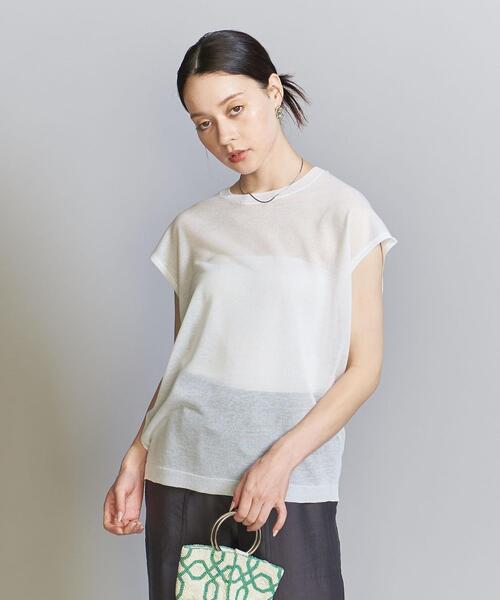 シアーニットフレンチスリーブトップス