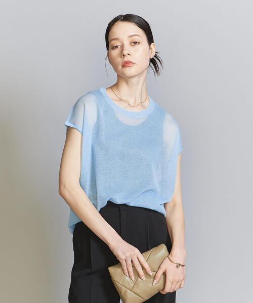 シアーニットフレンチスリーブトップス