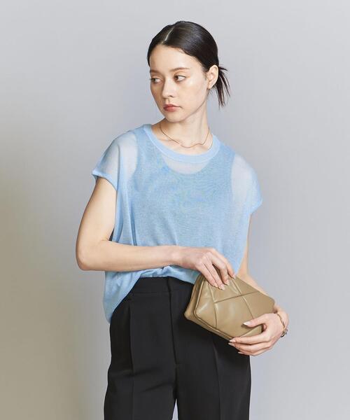 シアーニットフレンチスリーブトップス