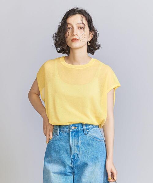 シアーニットフレンチスリーブトップス