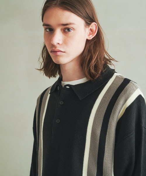 Revo.（レボ）の「Revo. ライン切替 ニットポロシャツ 長袖 オーバーサイズポロ（ニット/セーター・メンズ・ブラック/ナチュラル/ブラウン・2/1）」の5枚目の写真