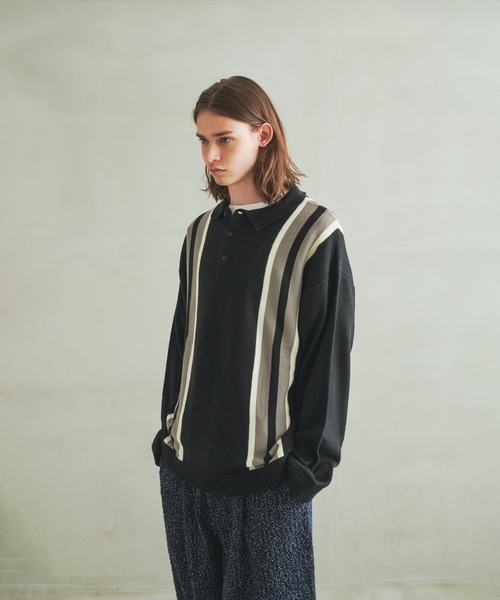 Revo.（レボ）の「Revo. ライン切替 ニットポロシャツ 長袖 オーバーサイズポロ（ニット/セーター・メンズ・ブラック/ナチュラル/ブラウン・2/1）」の6枚目の写真