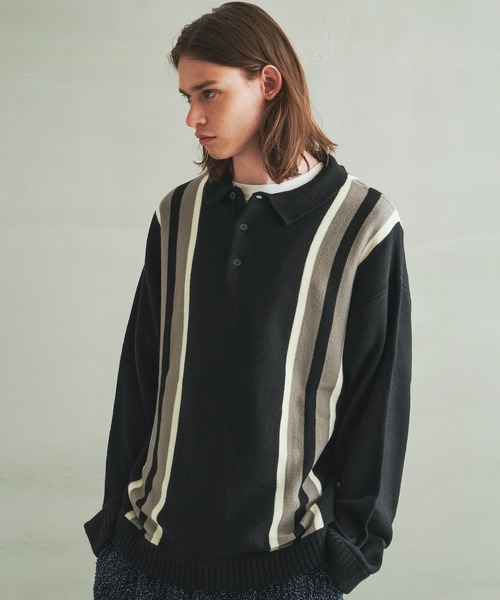 Revo.（レボ）の「Revo. ライン切替 ニットポロシャツ 長袖 オーバーサイズポロ（ニット/セーター・メンズ・ブラック/ナチュラル/ブラウン・2/1）」の11枚目の写真