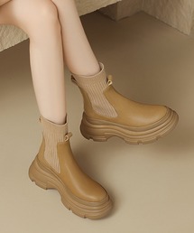 レザー調ドッキング厚底ショートブーツ