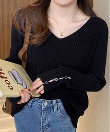 袖ボタン Vネック リブ ニット
