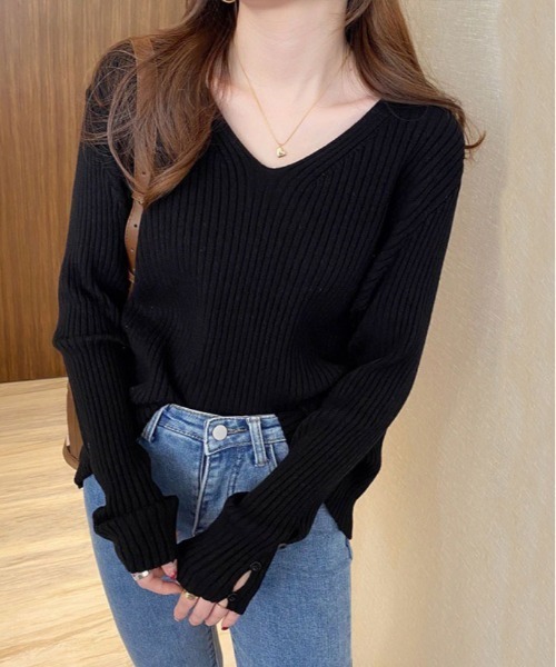 kirakiraShop(キラキラショップ)の「袖ボタン Vネック リブ ニット(ニット/セーター・レディース・ブラック/ベージュ/オフホワイト/オリーブ/グリーン・FREE)」の10枚目の写真