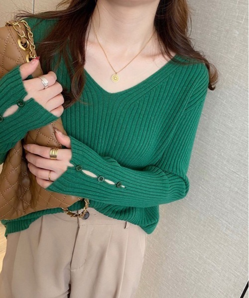 kirakiraShop(キラキラショップ)の「袖ボタン Vネック リブ ニット(ニット/セーター・レディース・ブラック/ベージュ/オフホワイト/オリーブ/グリーン・FREE)」の20枚目の写真