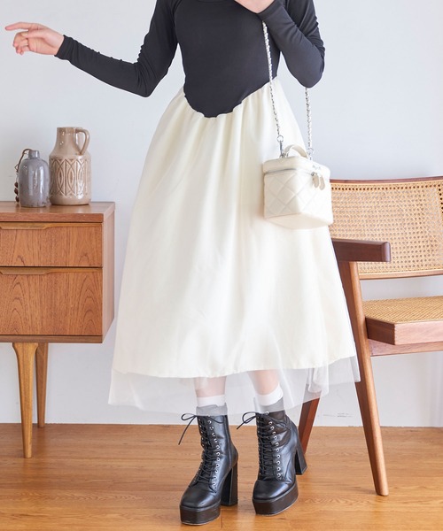 titty＆Co. PETIT（ティティアンドコープティ）の「デコルテオープンチュールドッキングワンピース（ワンピース・レディース・ブラック/アイボリー・FREE）」の9枚目の写真