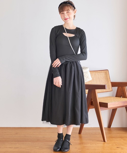 titty＆Co. PETIT（ティティアンドコープティ）の「デコルテオープンチュールドッキングワンピース（ワンピース・レディース・ブラック/アイボリー・FREE）」の4枚目の写真