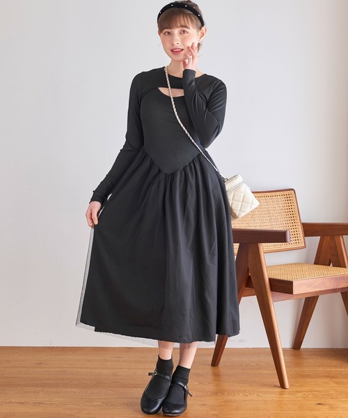 titty＆Co. PETIT（ティティアンドコープティ）の「デコルテオープンチュールドッキングワンピース（ワンピース・レディース・ブラック/アイボリー・FREE）」の11枚目の写真