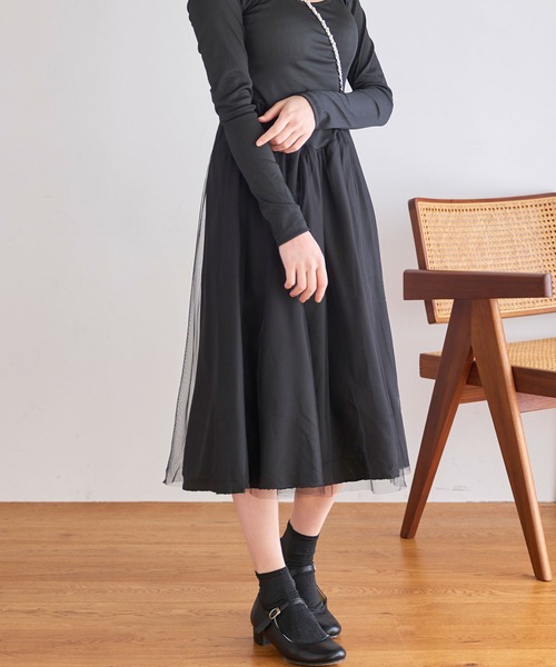 titty＆Co. PETIT（ティティアンドコープティ）の「デコルテオープンチュールドッキングワンピース（ワンピース・レディース・ブラック/アイボリー・FREE）」の14枚目の写真