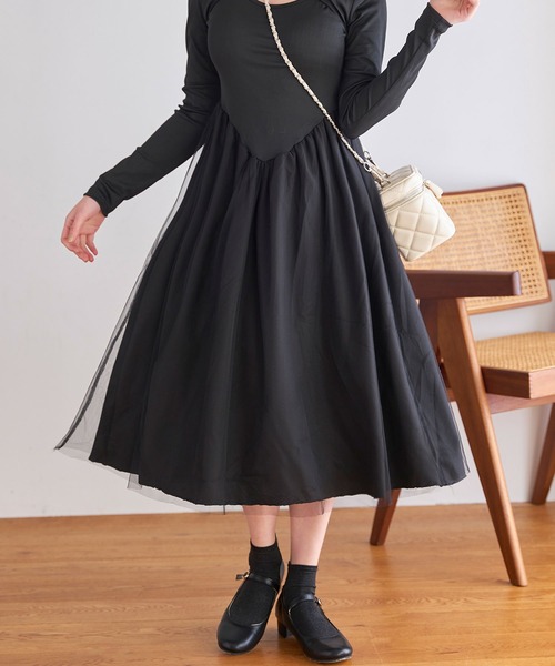 titty＆Co. PETIT（ティティアンドコープティ）の「デコルテオープンチュールドッキングワンピース（ワンピース・レディース・ブラック/アイボリー・FREE）」の15枚目の写真