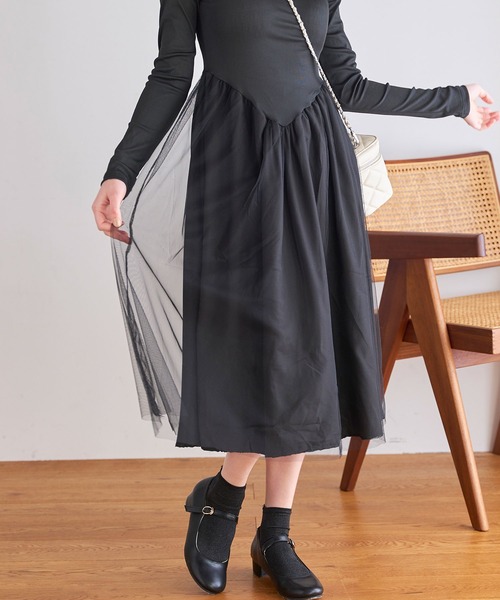 titty＆Co. PETIT（ティティアンドコープティ）の「デコルテオープンチュールドッキングワンピース（ワンピース・レディース・ブラック/アイボリー・FREE）」の16枚目の写真