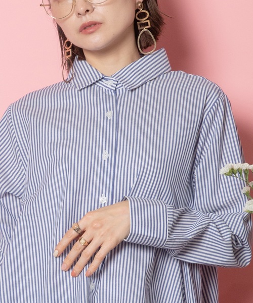 MHBG TOKYO(エムエイチビージートーキョー)の「ラッフルフレアロングシャツ(シャツ/ブラウス・レディース・ブラック×ホワイト/ネイビー×ホワイト/オフホワイト・FREE)」の4枚目の写真