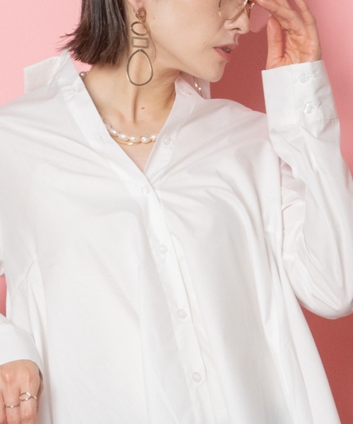 MHBG TOKYO(エムエイチビージートーキョー)の「ラッフルフレアロングシャツ(シャツ/ブラウス・レディース・ブラック×ホワイト/ネイビー×ホワイト/オフホワイト・FREE)」の6枚目の写真