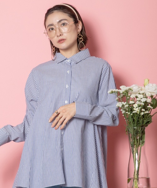 MHBG TOKYO(エムエイチビージートーキョー)の「ラッフルフレアロングシャツ(シャツ/ブラウス・レディース・ブラック×ホワイト/ネイビー×ホワイト/オフホワイト・FREE)」の9枚目の写真