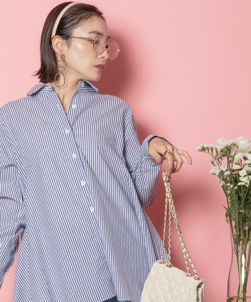 MHBG TOKYO(エムエイチビージートーキョー)の「ラッフルフレアロングシャツ(シャツ/ブラウス・レディース・ブラック×ホワイト/ネイビー×ホワイト/オフホワイト・FREE)」の7枚目の写真