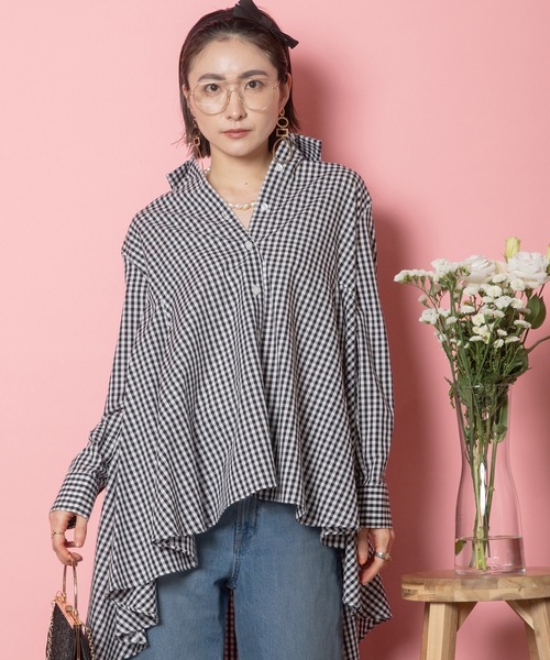 MHBG TOKYO(エムエイチビージートーキョー)の「ラッフルフレアロングシャツ(シャツ/ブラウス・レディース・ブラック×ホワイト/ネイビー×ホワイト/オフホワイト・FREE)」の22枚目の写真