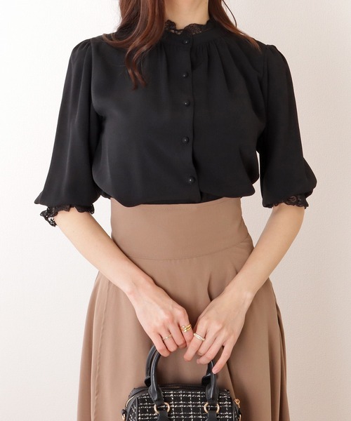 Lace Ladies(レースレディース)の「2WAY フリル スタンドカラー パフスリーブ 5分袖 ブラウス(シャツ/ブラウス・レディース・グレー/ブルー/ブラック/アイボリー・S/FREE)」の5枚目の写真