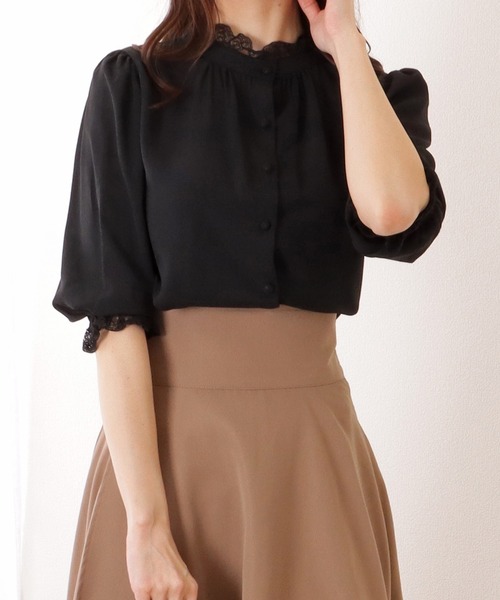 Lace Ladies(レースレディース)の「2WAY フリル スタンドカラー パフスリーブ 5分袖 ブラウス(シャツ/ブラウス・レディース・グレー/ブルー/ブラック/アイボリー・S/FREE)」の9枚目の写真