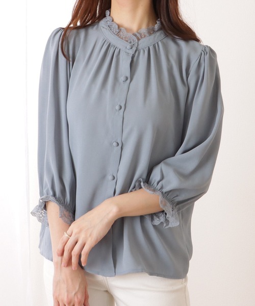 Lace Ladies(レースレディース)の「2WAY フリル スタンドカラー パフスリーブ 5分袖 ブラウス(シャツ/ブラウス・レディース・グレー/ブルー/ブラック/アイボリー・S/FREE)」の11枚目の写真