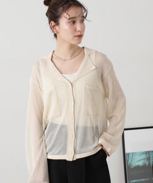 N.（N. Natural Beauty Basic）（エヌエヌナチュラルビューティーベーシック）の「◆針抜きシアー開襟ニットカーディガン（カーディガン/ボレロ・レディース・チャコールグレー/オフホワイト/ブルー・MEDIUM）」の22枚目の写真