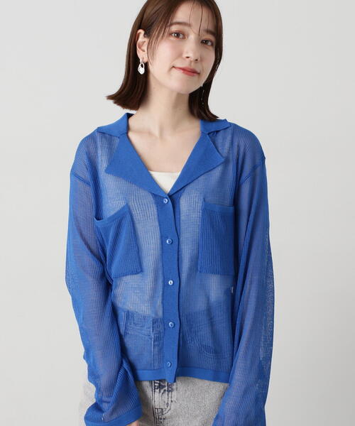 N.（N. Natural Beauty Basic）（エヌエヌナチュラルビューティーベーシック）の「◆針抜きシアー開襟ニットカーディガン（カーディガン/ボレロ・レディース・チャコールグレー/オフホワイト/ブルー・MEDIUM）」の4枚目の写真