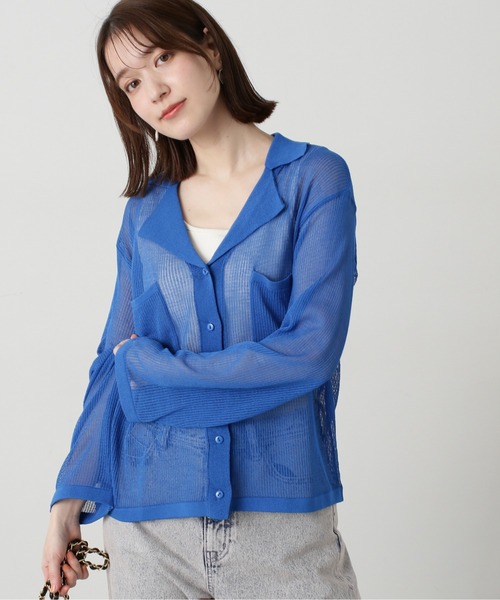 N.（N. Natural Beauty Basic）（エヌエヌナチュラルビューティーベーシック）の「◆針抜きシアー開襟ニットカーディガン（カーディガン/ボレロ・レディース・チャコールグレー/オフホワイト/ブルー・MEDIUM）」の3枚目の写真