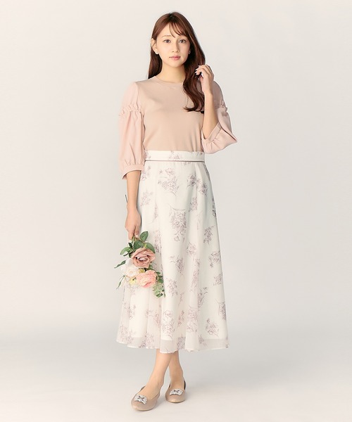 LAISSE PASSE ラインフラワープリントマチ入りフレアースカート 美品 LAISSE PASSE ラインフラワープリントマチ入りフレアースカート