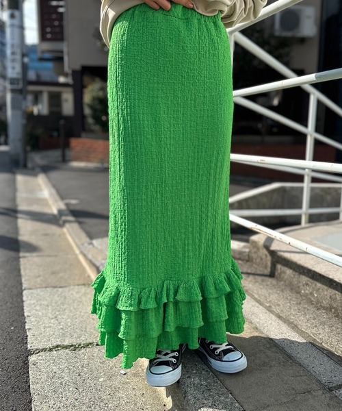 mi via loca（ミヴィアロカ）の「ジャガードレース フリル ペプラムスカート（スカート・レディース・グリーン/ピンク/ブラック・FREE）」の3枚目の写真