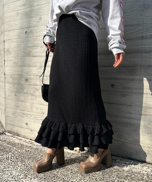 mi via loca（ミヴィアロカ）の「ジャガードレース フリル ペプラムスカート（スカート・レディース・グリーン/ピンク/ブラック・FREE）」の2枚目の写真