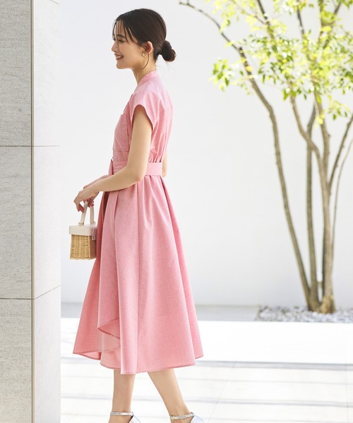 洗えるサイドプリーツ・アシンメトリーワンピース(ベルト付き