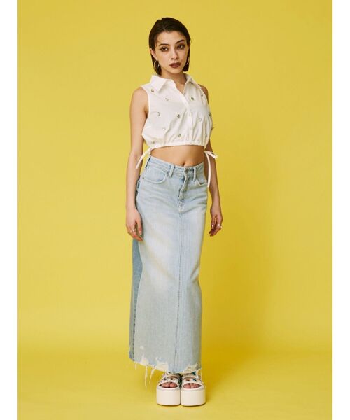 EVRIS(エヴリス)の「リメイクデザインロングデニムスカート(デニムスカート・レディース・ライトブルー/インディゴブルー・MEDIUM/SMALL)」の4枚目の写真