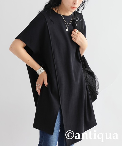 antiqua(アンティカ)の「スリットロングリブトップス(Tシャツ/カットソー・レディース・オフホワイト/ブラック・ONESIZE)」の2枚目の写真