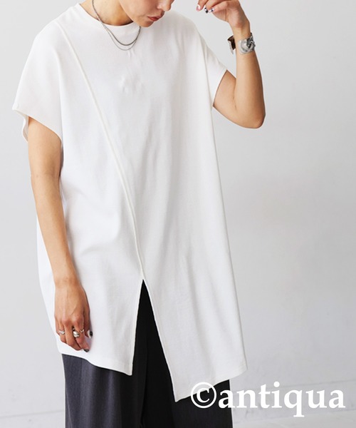 antiqua(アンティカ)の「スリットロングリブトップス(Tシャツ/カットソー・レディース・オフホワイト/ブラック・ONESIZE)」の5枚目の写真
