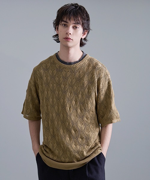 Revo.(レボ)の「Revo. 接触冷感 透かし編み SS サマーニット(Tシャツ/カットソー・メンズ・カーキ/ブラック/ホワイト・2/1)」の3枚目の写真