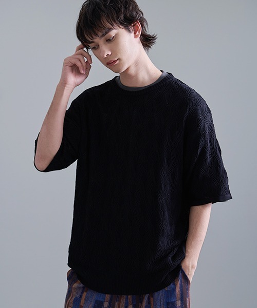Revo.(レボ)の「Revo. 接触冷感 透かし編み SS サマーニット(Tシャツ/カットソー・メンズ・カーキ/ブラック/ホワイト・2/1)」の1枚目の写真
