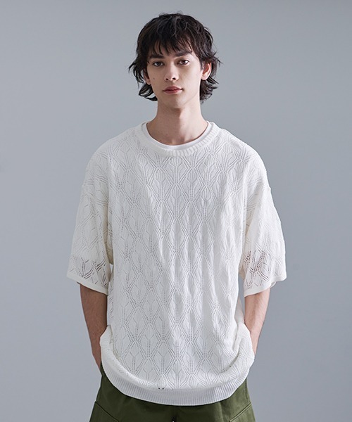 Revo.(レボ)の「Revo. 接触冷感 透かし編み SS サマーニット(Tシャツ/カットソー・メンズ・カーキ/ブラック/ホワイト・2/1)」の5枚目の写真